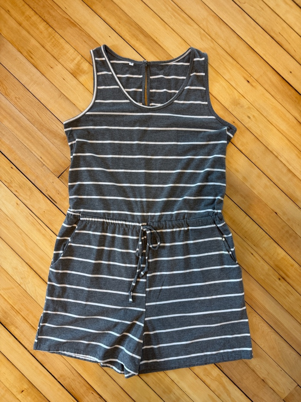 Sleeveless Gray & White Striped Drawstring Shorts Romper